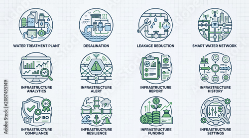 Set of water infrastructure management and utility icons.