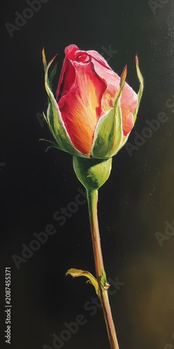 Rose bud stands against a dark background.