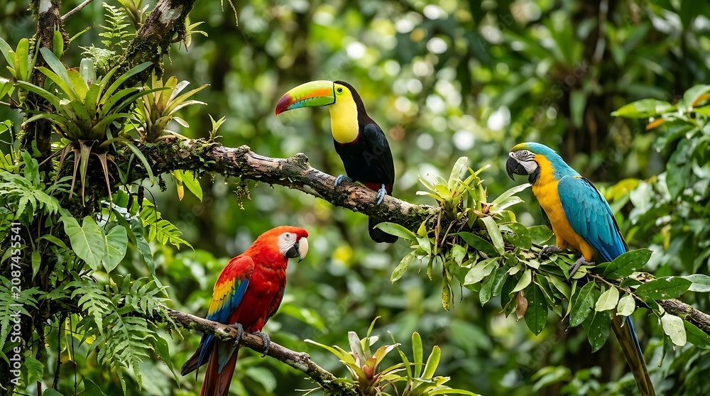 Obraz premium Colorful tropical birds perched on tree branch in lush green rainforest