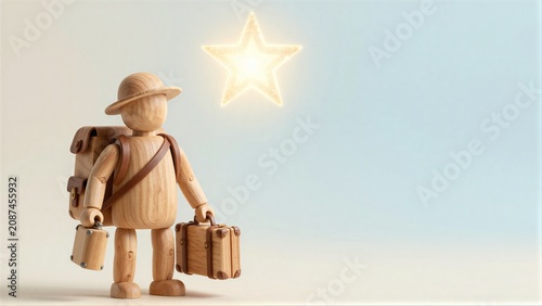 Wooden traveler with suitcase and backpack aims for glowing star in bright sky.