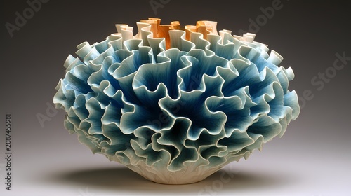 Ceramic bowl features ruffled blue edges.