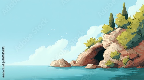 Cliffside cave overlooks the calm blue ocean.