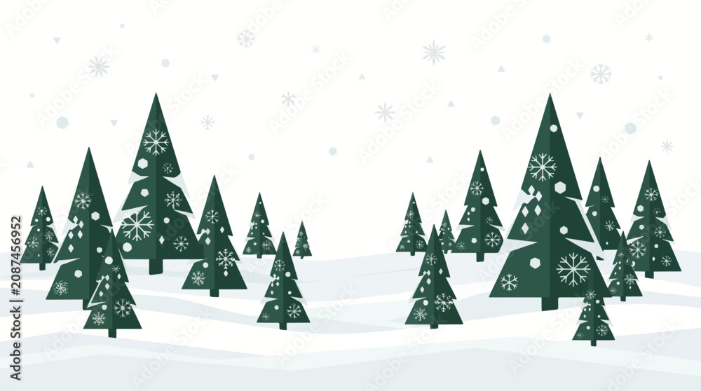 Obraz premium Winter Wonderland: A charming illustration depicts a serene winter landscape with numerous decorated Christmas trees nestled in a snowy expanse, while delicate snowflakes drift down.