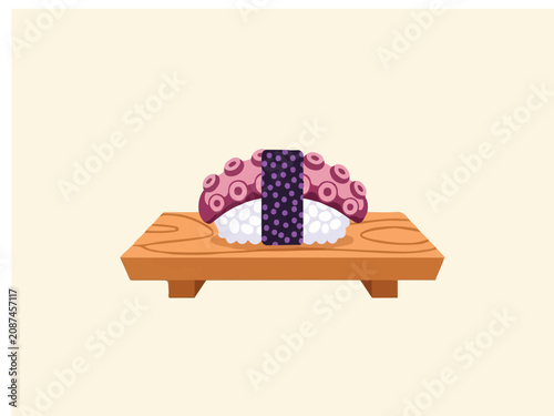 Traditional Japanese Octopus Tako Nigiri Sushi on a Wooden Geta Board Vector Illustration Graphic