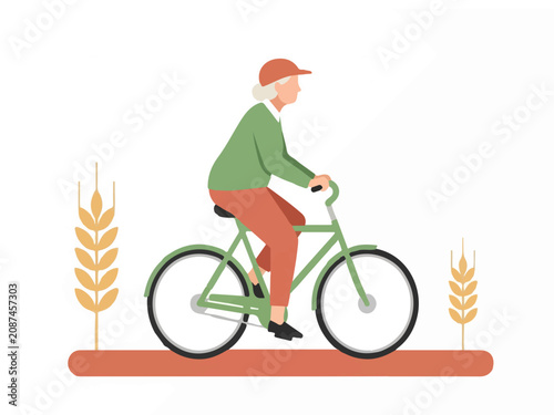 Active Senior Woman Riding Bicycle in the Countryside Near Wheat Fields Flat Vector Illustration