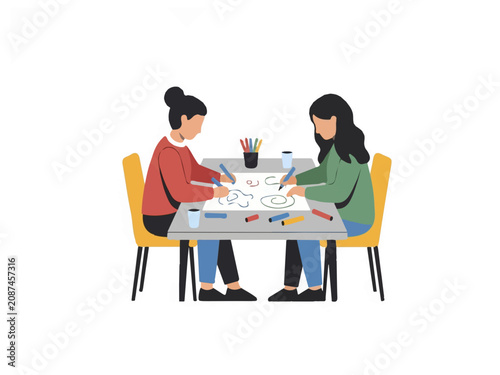 Flat vector illustration of two women working on a creative project, drawing and coloring together