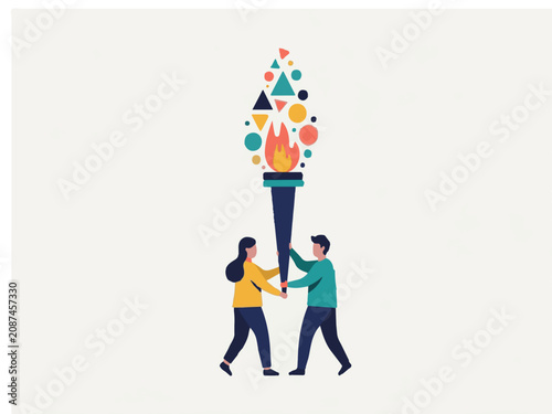 Collaborative Team Carrying Burning Torch Together with Abstract Geometric Shapes Vector Illustration
