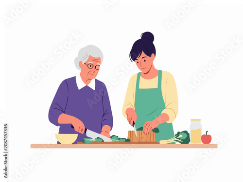 Elderly Woman and Young Woman Cooking Healthy Meal Together, Chopping Vegetables in Kitchen Vector
