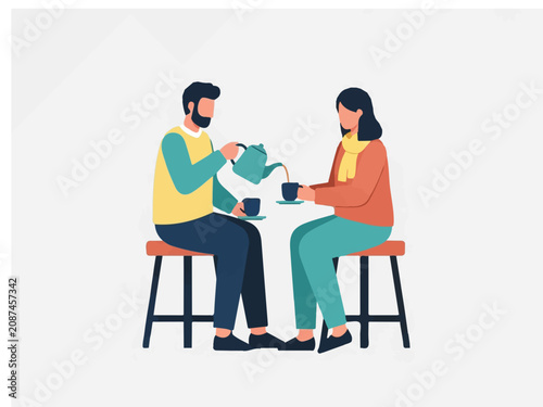 Young Couple Sitting on Stools and Sharing a Hot Beverage While Man Pouring Tea from a Teapot