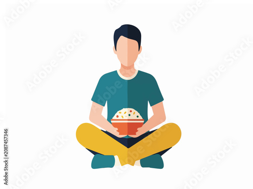 Flat Vector Illustration of a Young Man Sitting Cross Legged and Holding a Bowl of Rice or Food