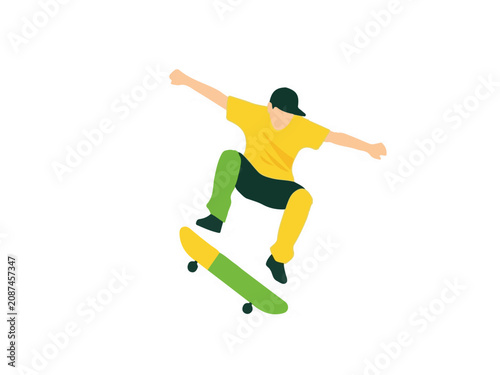 Young Skateboarder Performing Mid-Air Trick Flat Vector Illustration Isolated on White Background