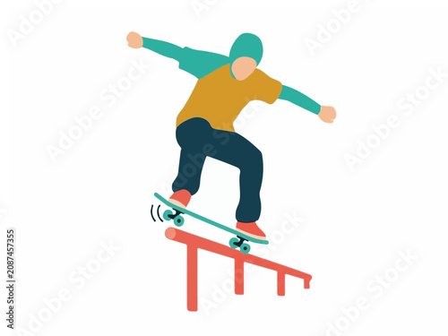 Minimalist Vector Illustration of a Professional Skateboarder Performing an Extreme Grind Trick on a Handrail