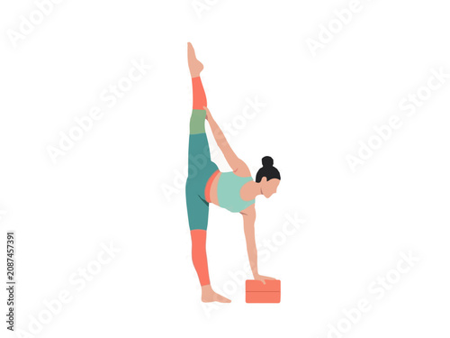 Minimalist Flat Illustration of a Woman Performing Half Moon Yoga Pose with Block on White Background