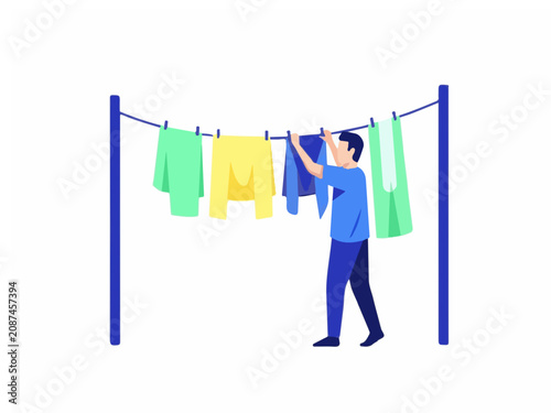 Man Hanging Freshly Washed Clothes on a Clothesline in the Backyard Flat Vector Illustration