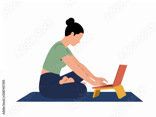 Young Woman Sitting Cross-legged on a Mat Working on Laptop Using a Stand, Minimalist Flat Illustration