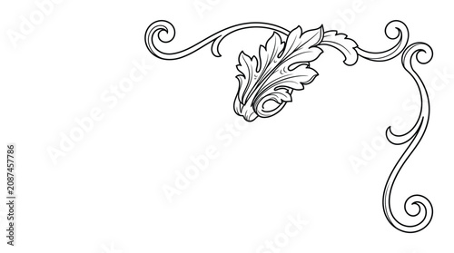 Slika na platnu Elegant vintage corner flourish with acanthus leaf and swirling tendrils, black and white illustration