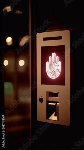 Futuristic biometric access control panel with glowing Spartan helmet symbol suggesting high-tech security and exclusive entry to a modern building