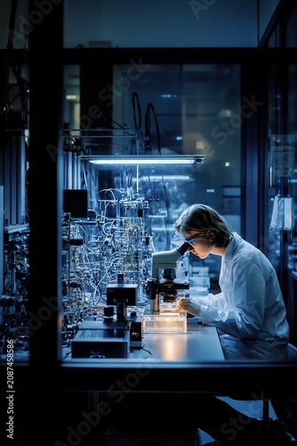 Lone female scientist windowless laboratory illuminated array of high intensity lamp surrounded assemblage of complex high tech equipment carefully examining intricate detail of novel microscopic