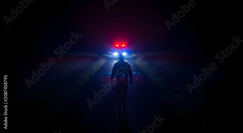 Lonely Silhouette of a Person Walking Towards Flashing Police Lights on a Dark Isolated Road at Night