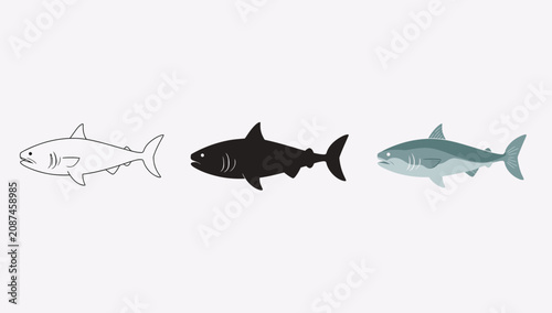 Fotografie Three distinct shark and fish silhouettes in black and white
