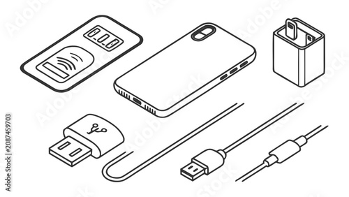 Isometric smartphone charging accessories and power adapter line art