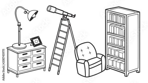 Interior furniture decor and telescope exploration set line art with furniture