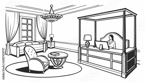 Luxury office reception area and corporate interior line art with reception