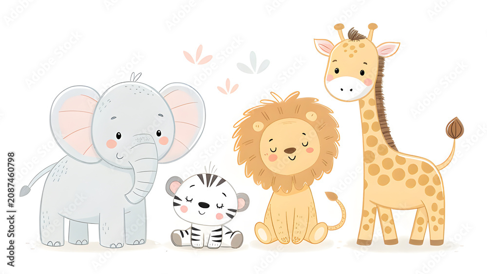 Obraz premium cute baby elephant, giraffe, lion, zebra, hippopotamus and monkey with soft pastel colors, minimalist nursery illustration, isolated on white background