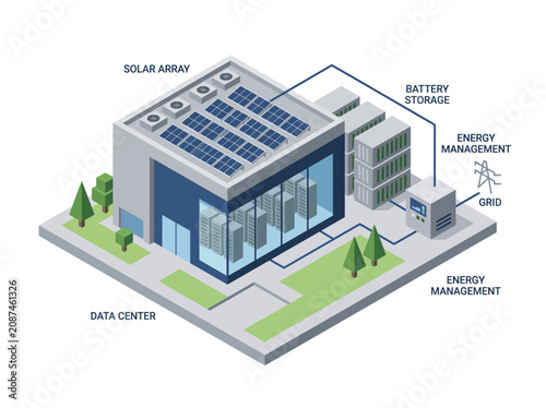 Foto Isometric view modern eco-friendly data center building with solar panels and gr