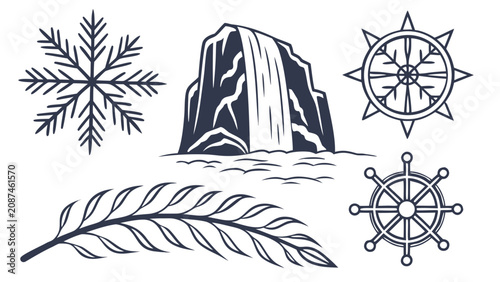Fotografi Natural elements graphic set featuring waterfall snowflake and nautical helm