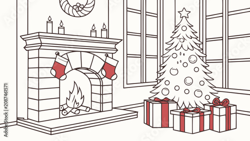 Obraz na plátně Cozy christmas living room interior with fireplace tree and presents, christmas