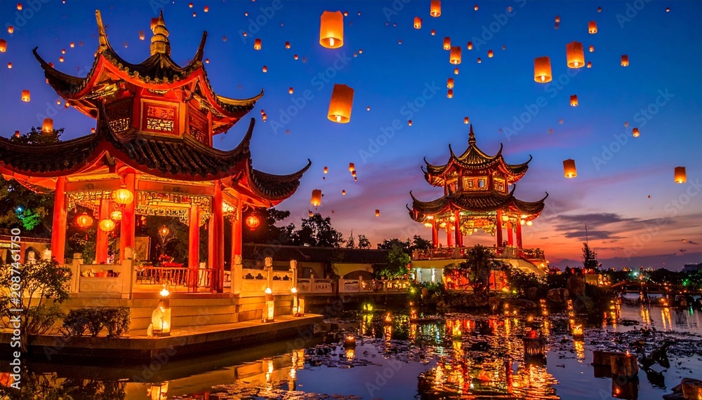 Fototapeta premium Lantern festival with pagoda buildings reflecting cultural celebration and traditional craftsmanship