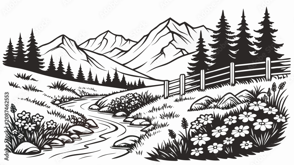 Fototapeta premium Mountain landscape with stream and flowers - black and white line art, landscape