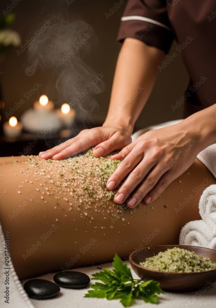 Fototapeta premium Masseuse applying salt scrub on woman back. Body exfoliation treatment in spa salon. Relaxation, skincare and wellness therapy concept. Professional massage to rejuvenate and heal skin.