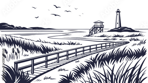 Wooden boardwalk leading to lighthouse on sandy coastline with seagulls
