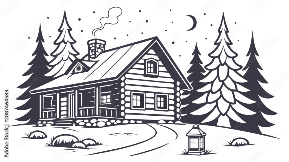 Obraz premium Cozy log cabin in winter forest at night line art with illustration, evergreen