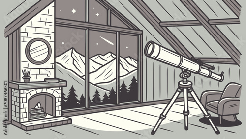 Quadro su tela Attic observatory with telescope and mountain view science fiction telescope
