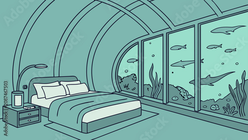 Foto Luxury underwater bedroom suite with panoramic ocean view underwater aquarium