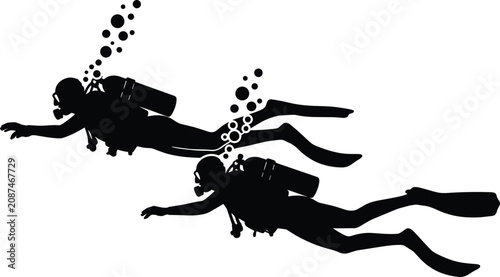 Scuba divers underwater silhouette, marine adventure exploration, diving team swimming, ocean rescue and aquatic sports vector illustration