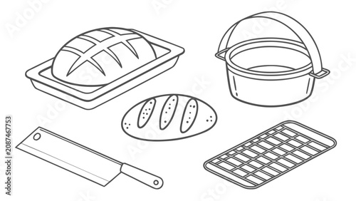Tableau sur toile Bakery utensils and bread loaves collection line art illustration with utensils
