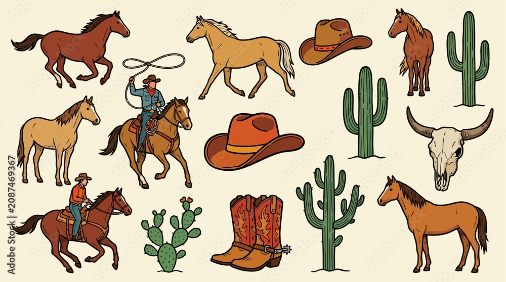 Obraz premium Hand Drawn Western Cowboy Vector Illustration Collection Featuring Wild West Elements Like Horse Silhouette Rustic Leather Boots Traditional Felt Hat and Boho Desert Style Graphic Design Assets