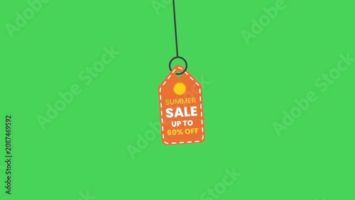 Vibrant Orange Summer Sale 60% Off Tag Swinging on Green Background Animation Loop
