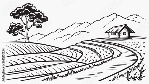 Foto Hand drawn illustration of rural rice terraces and small cabin with landscape