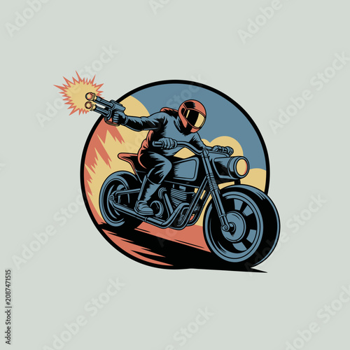 Fotografie Biker Riding Motorcycle with Flaming Gun.