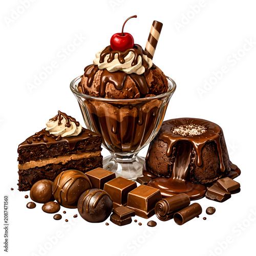 Delicious chocolate dessert assortment with ice cream cake candies and lava cake on gray background.