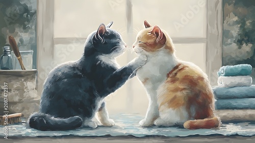 Heartwarming Artistic Illustration of Two Cats Showing Affection in Cozy Sunlit Interior, Emphasizing Tenderness and Companionship