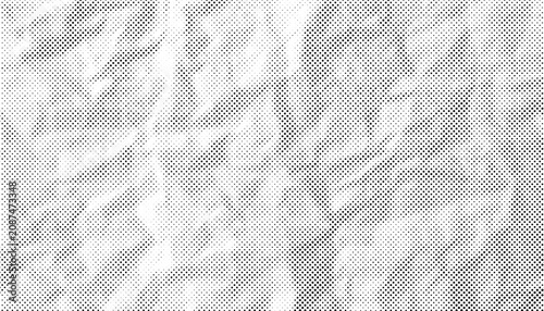 White crumpled paper halftone featuring realistic folds, grain and dotted shading. Retro texture for posters, collage, editorial and branding.