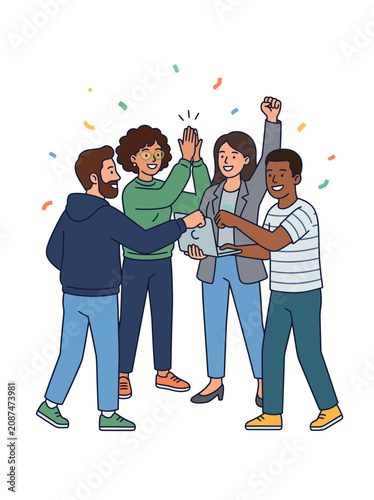 Diverse team celebrating success with high fives and confetti