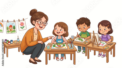 Teacher guiding children in art class painting colorful pictures at desks