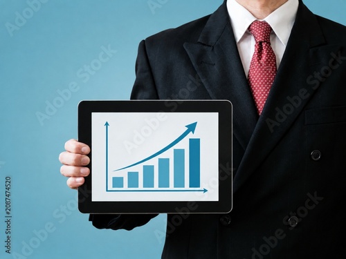 Business Executive Holding Tablet Displaying Financial Growth Chart And Business Performance Analytics